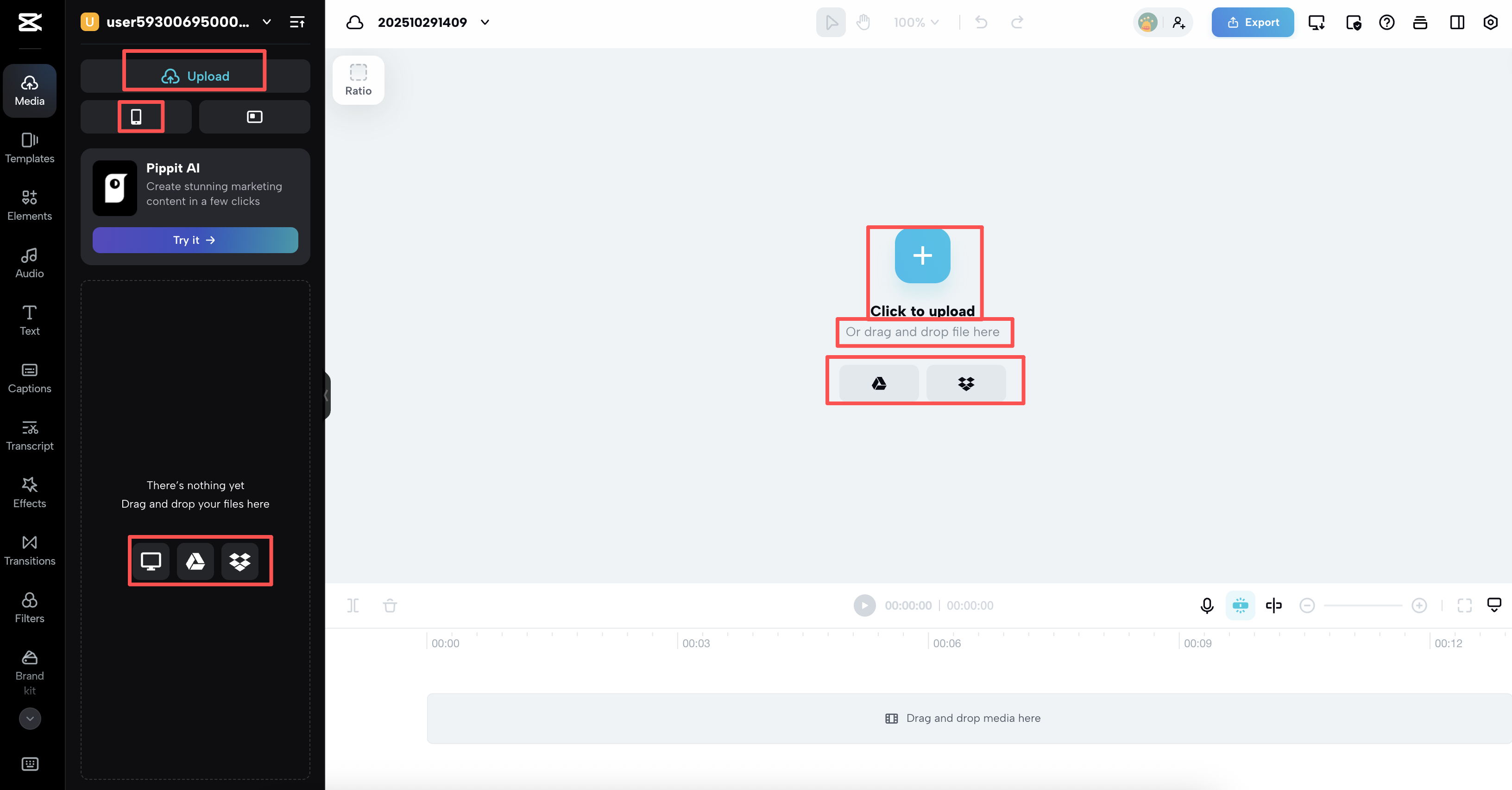 CapCut web editor emphasizing both local device and cloud storage upload controls
