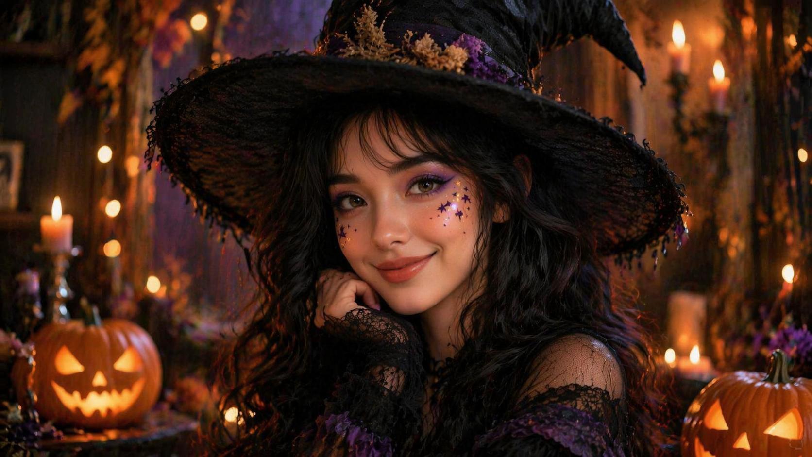 Ví dụ nhắc nhở bộ lọc trang điểm Halloween của Dreamina 2: Chân dung phù thủy dễ thương