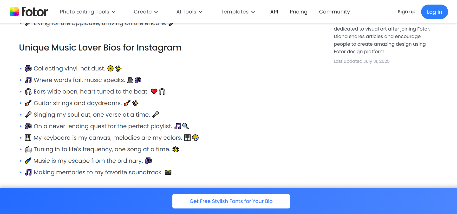 Fotor - sumber terbaik untuk mendapatkan bio Instagram untuk pencinta muzik