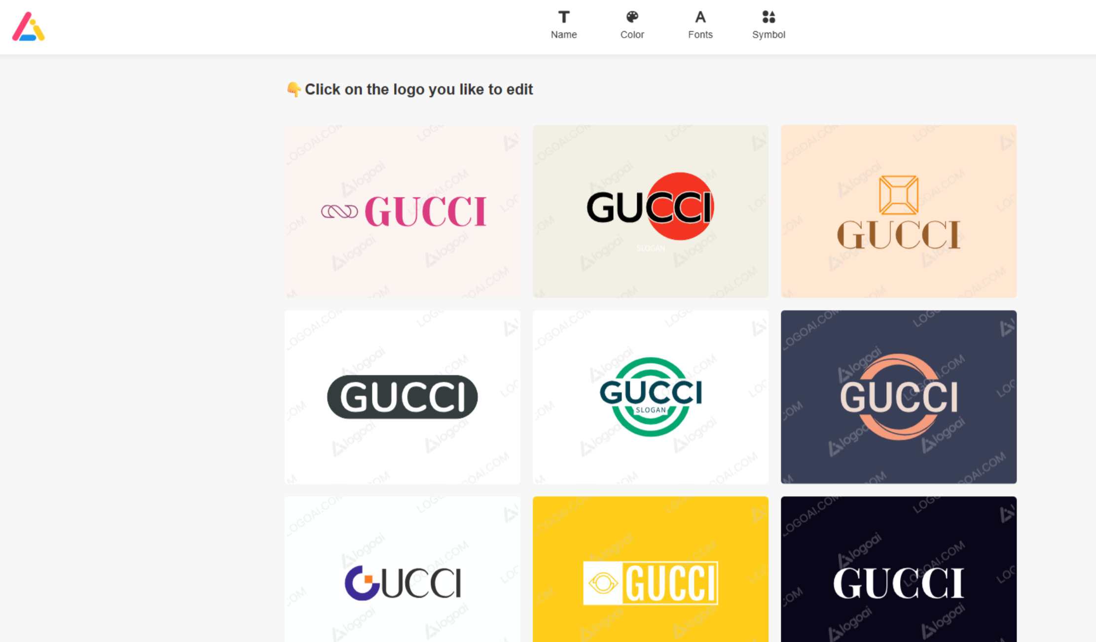 Interfaccia di LogoAI - uno strumento AI per creare un logo di marca