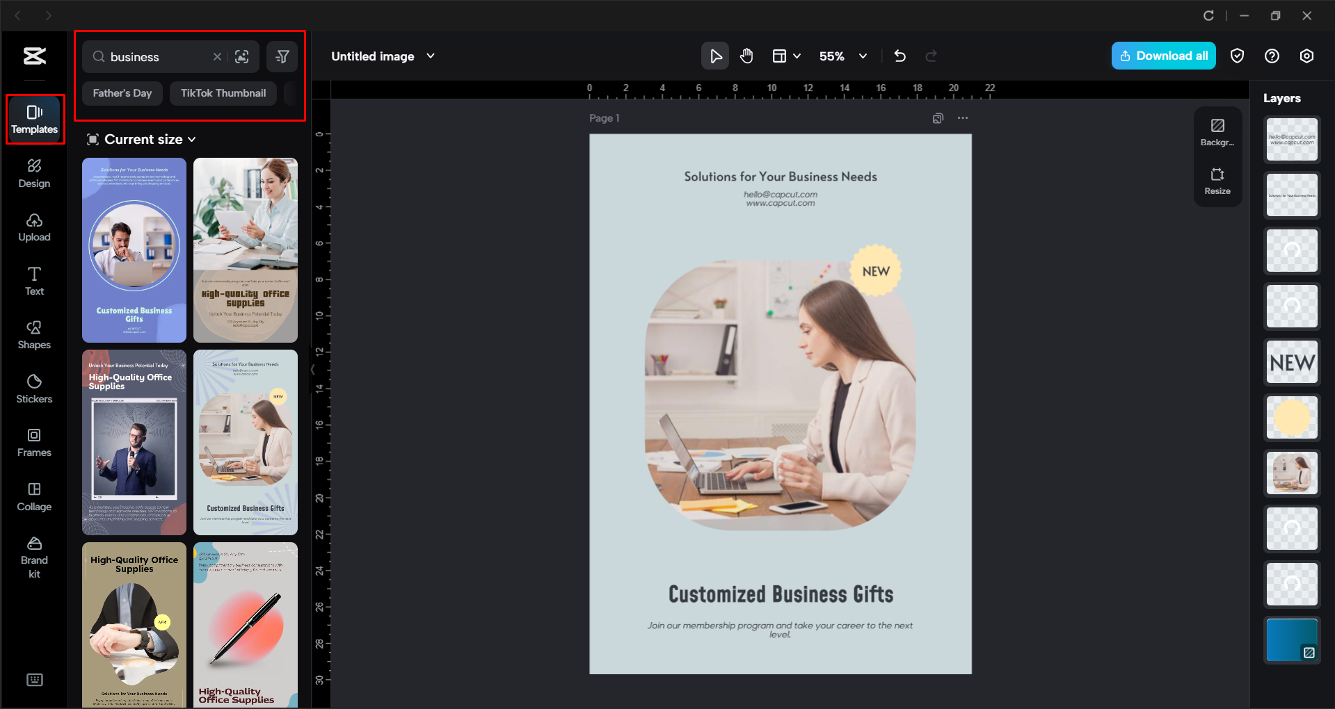 Scegliere un modello di volantino aziendale nell'editor video desktop di CapCut