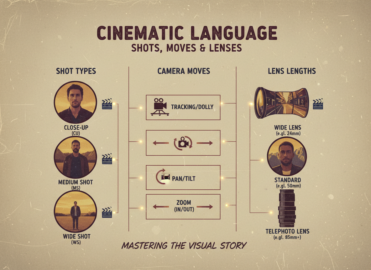 Infografie a tipurilor de fotografii, a mișcărilor camerei și a lungimilor obiectivelor cu stil cinematografic.