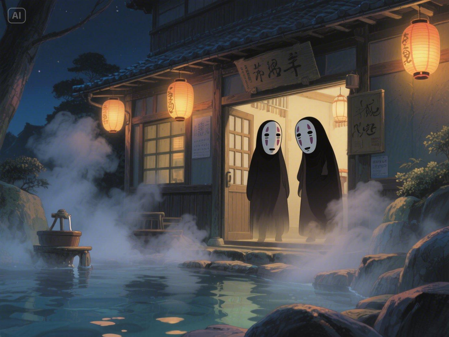 Casa de baños mística con ai generador de arte ghibli
