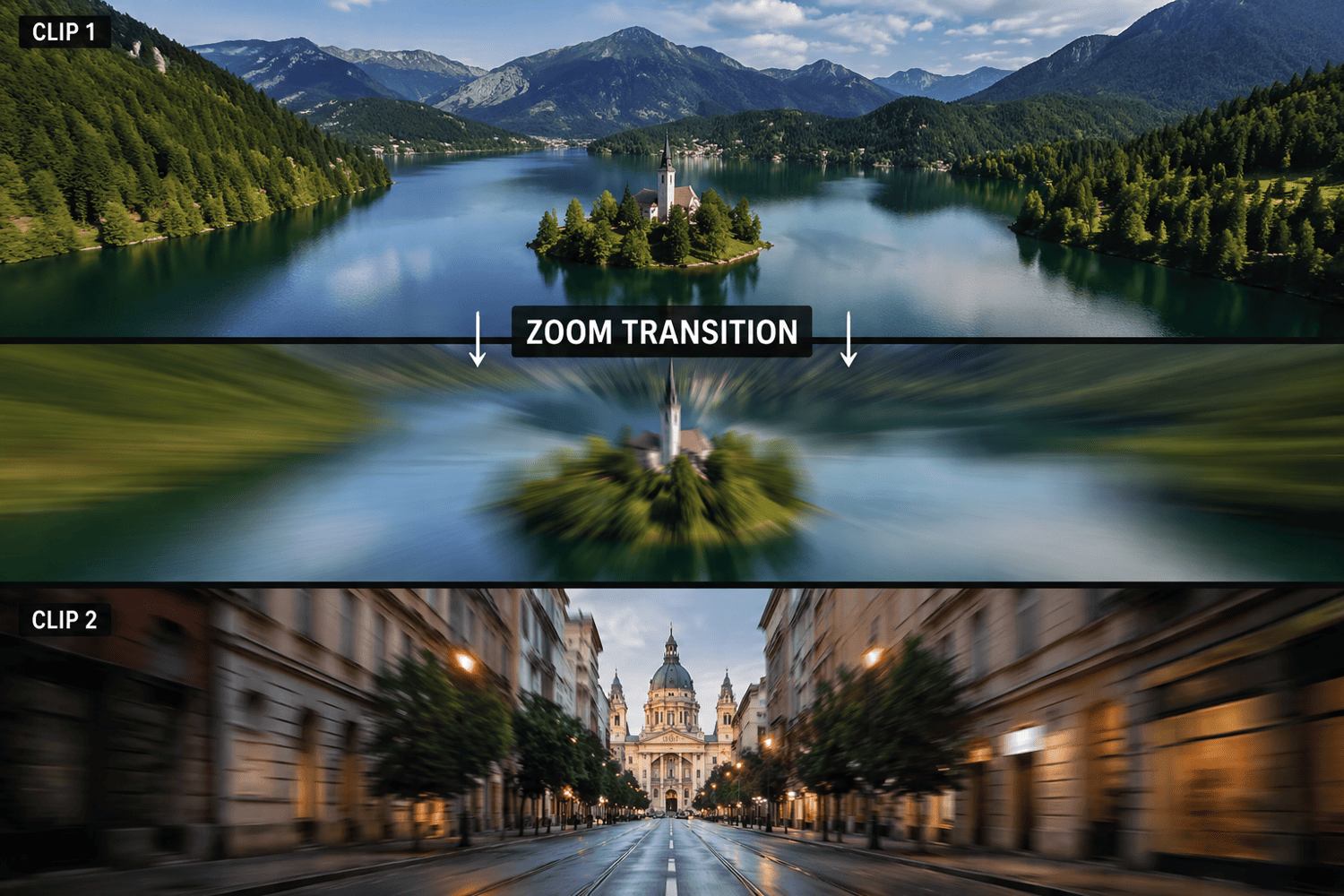 Zoom transition effect between two video clips