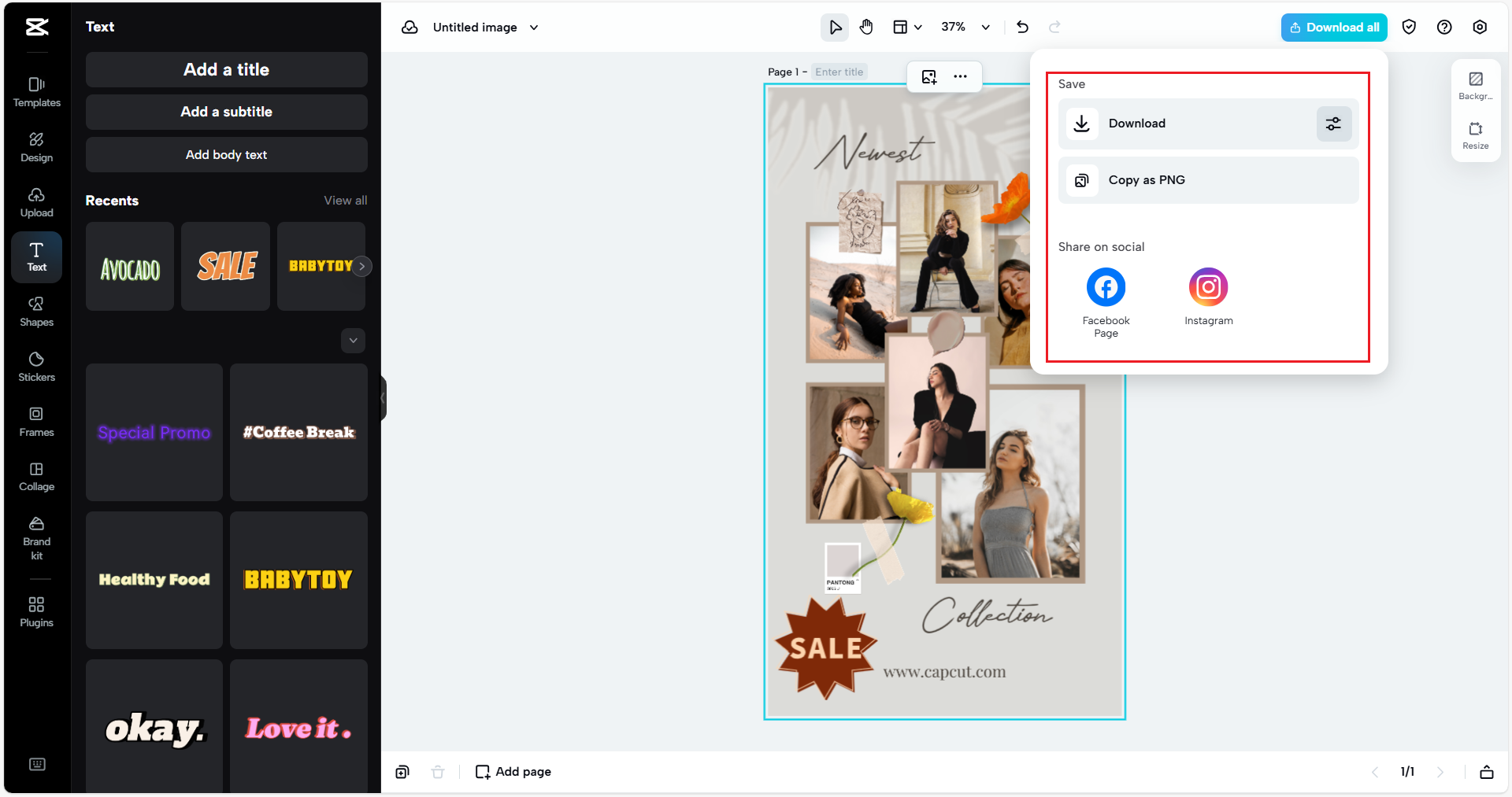 Exporter une affiche de vente depuis CapCut Web.