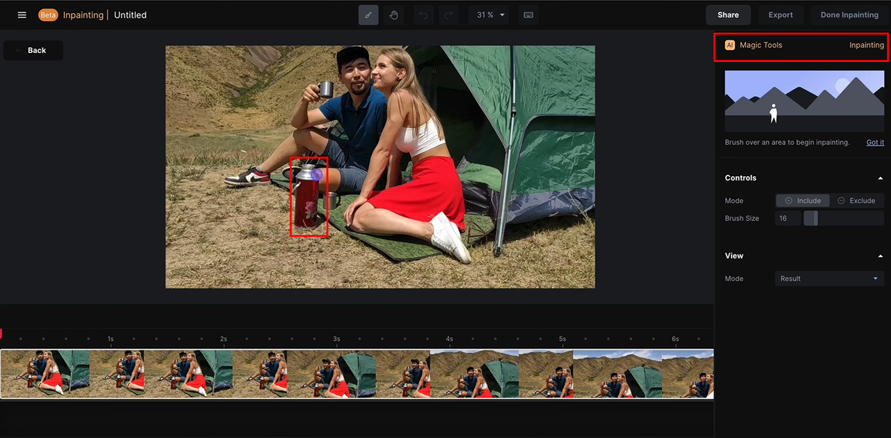 Inpainting interface marks a red cylindrical object between two campers for removal