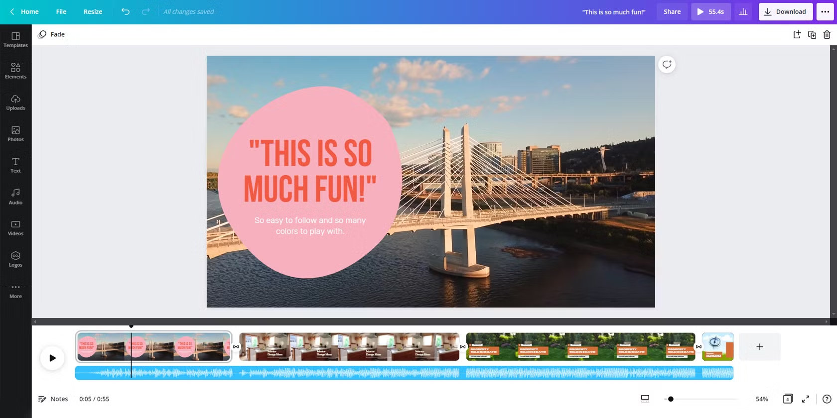 Interfaccia di Canva - un editor di clip video online facile da usare