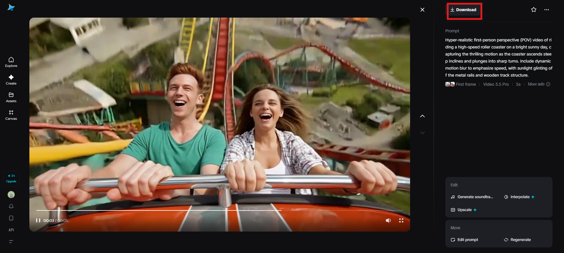 Downloading the POV roller coaster video in Dreamina