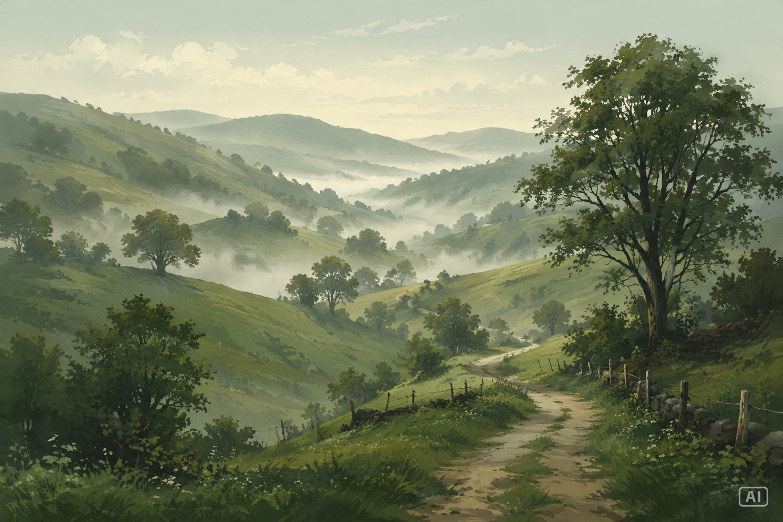 Green hillside landscape drawing prompt generated by Pippit