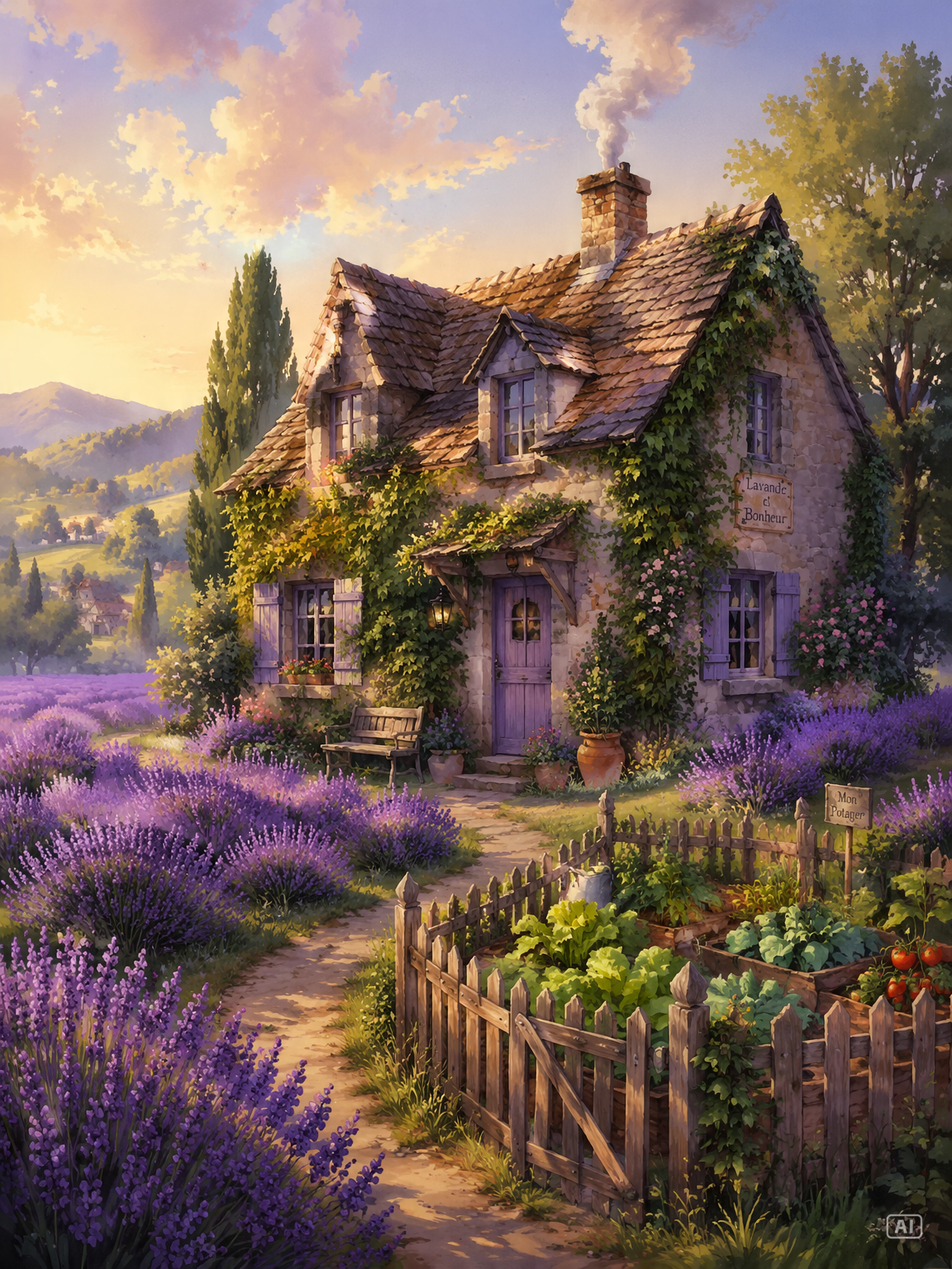 Lavender cottage anime landscape prompt generated by Pippit