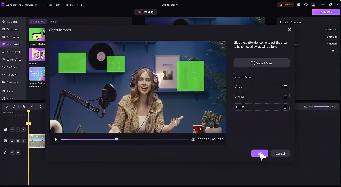 DemoCreator Object Remover marking three green target areas in a podcast video for removal