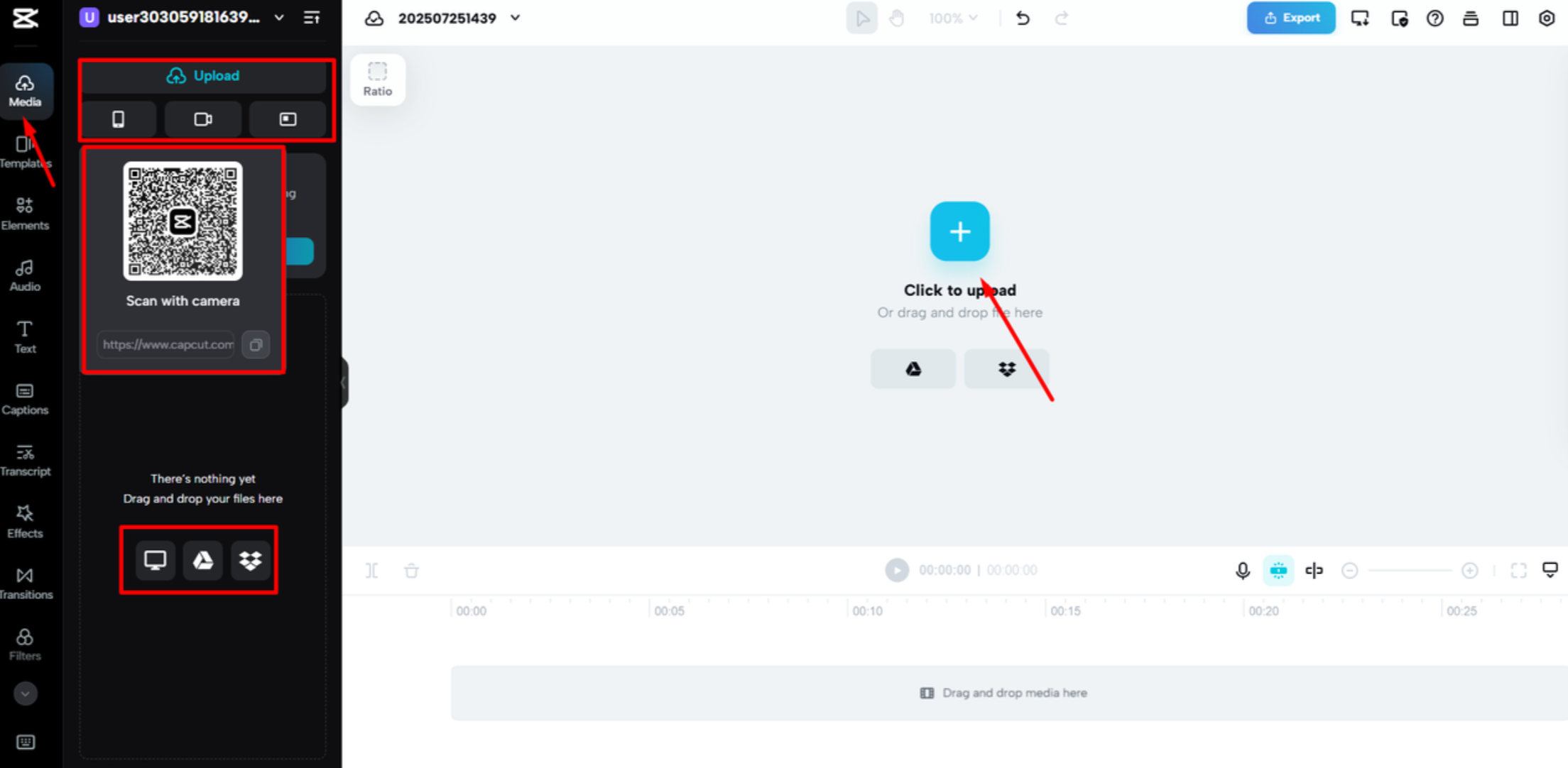 Caricamento di contenuti multimediali sul web di CapCut