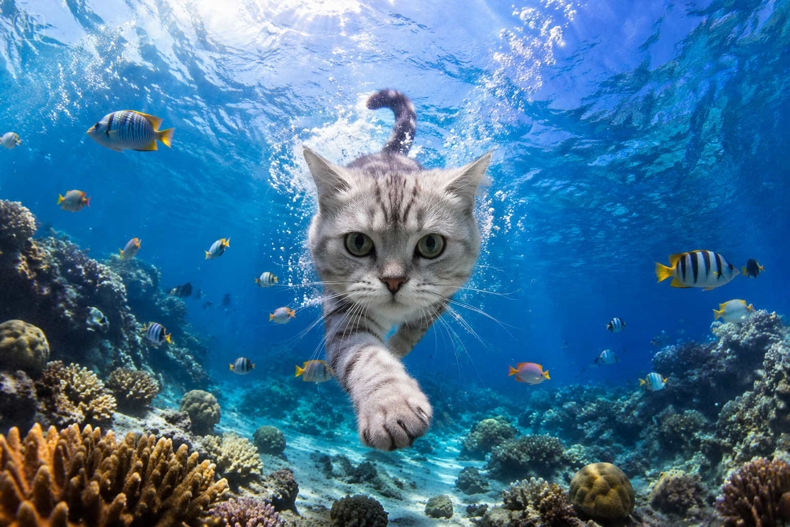 Foto subaquática cercada por peixes tropicais