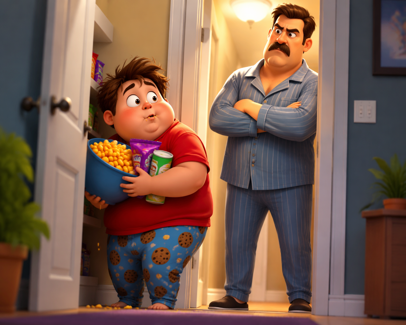 Dreamina Motu Patlu caught funny AI video prompt video prompt example 3: Surprised Doorway Moment