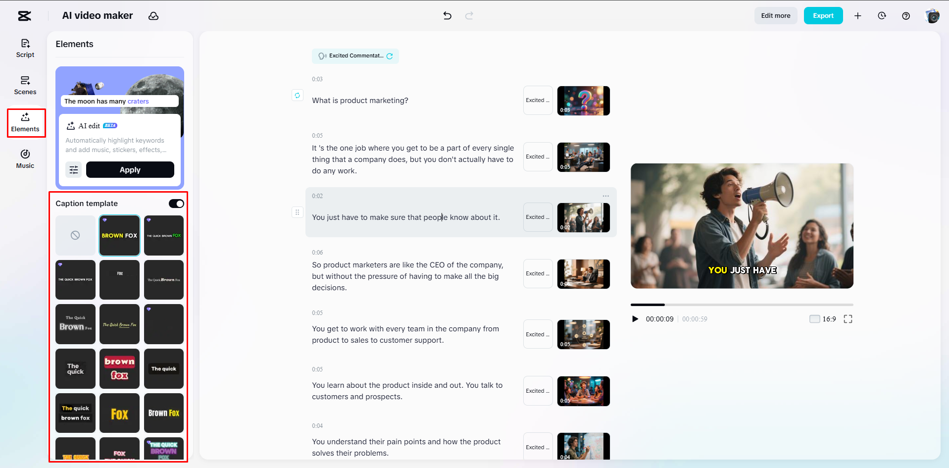 Elegir una plantilla de subtítulos adecuada para el video en CapCut Web
