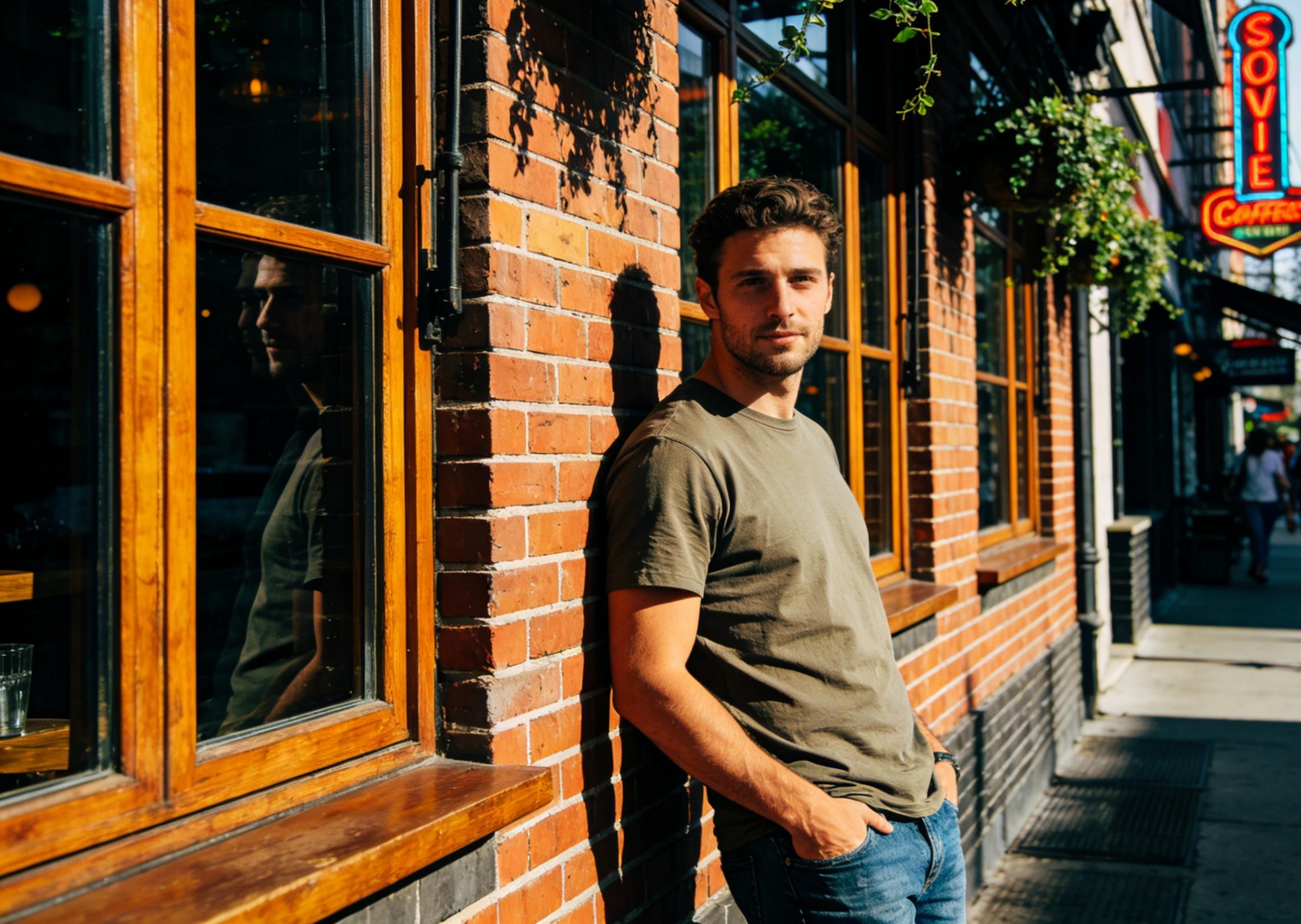 a male model by a café wall wearing casual clothes