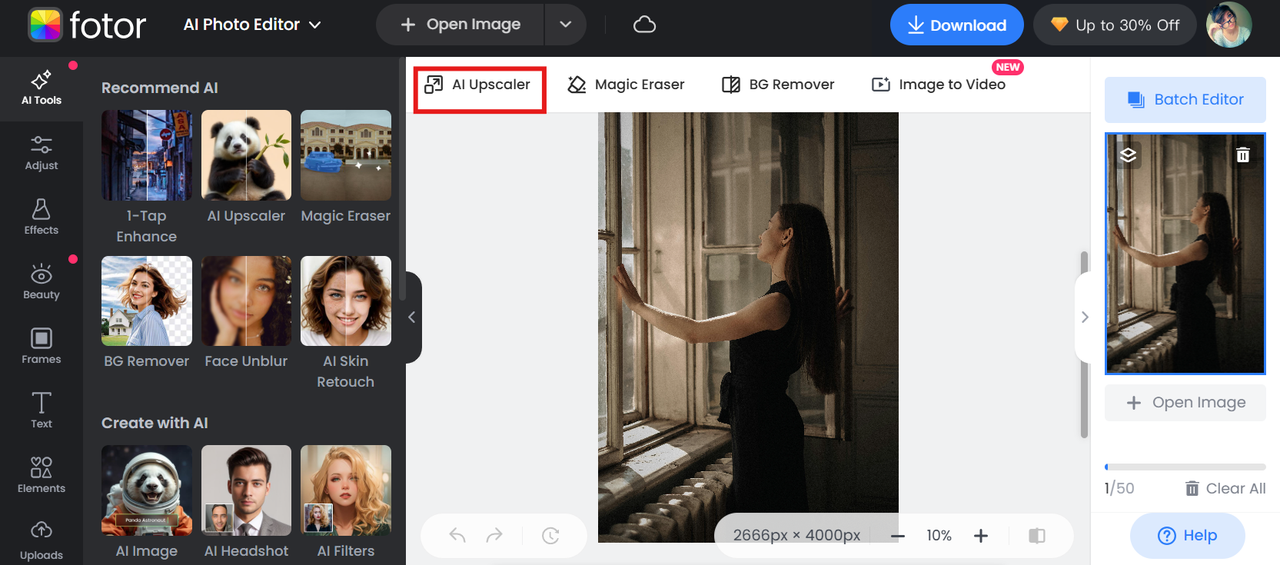 Utiliza el mejorador AI para comenzar a cambiar la calidad de la imagen