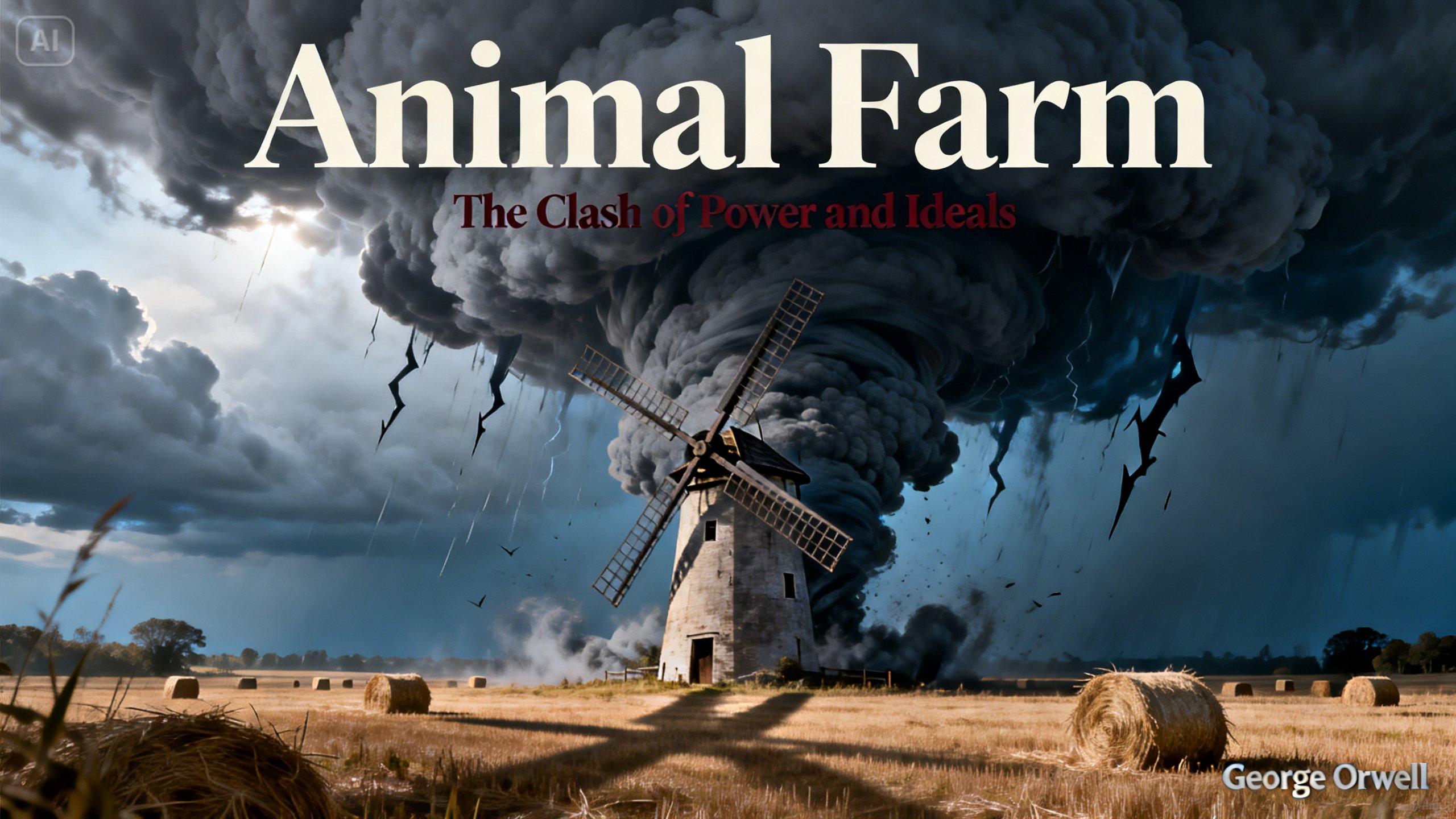 Poster della fattoria degli animali del mulino a vento circondato da nuvole scure