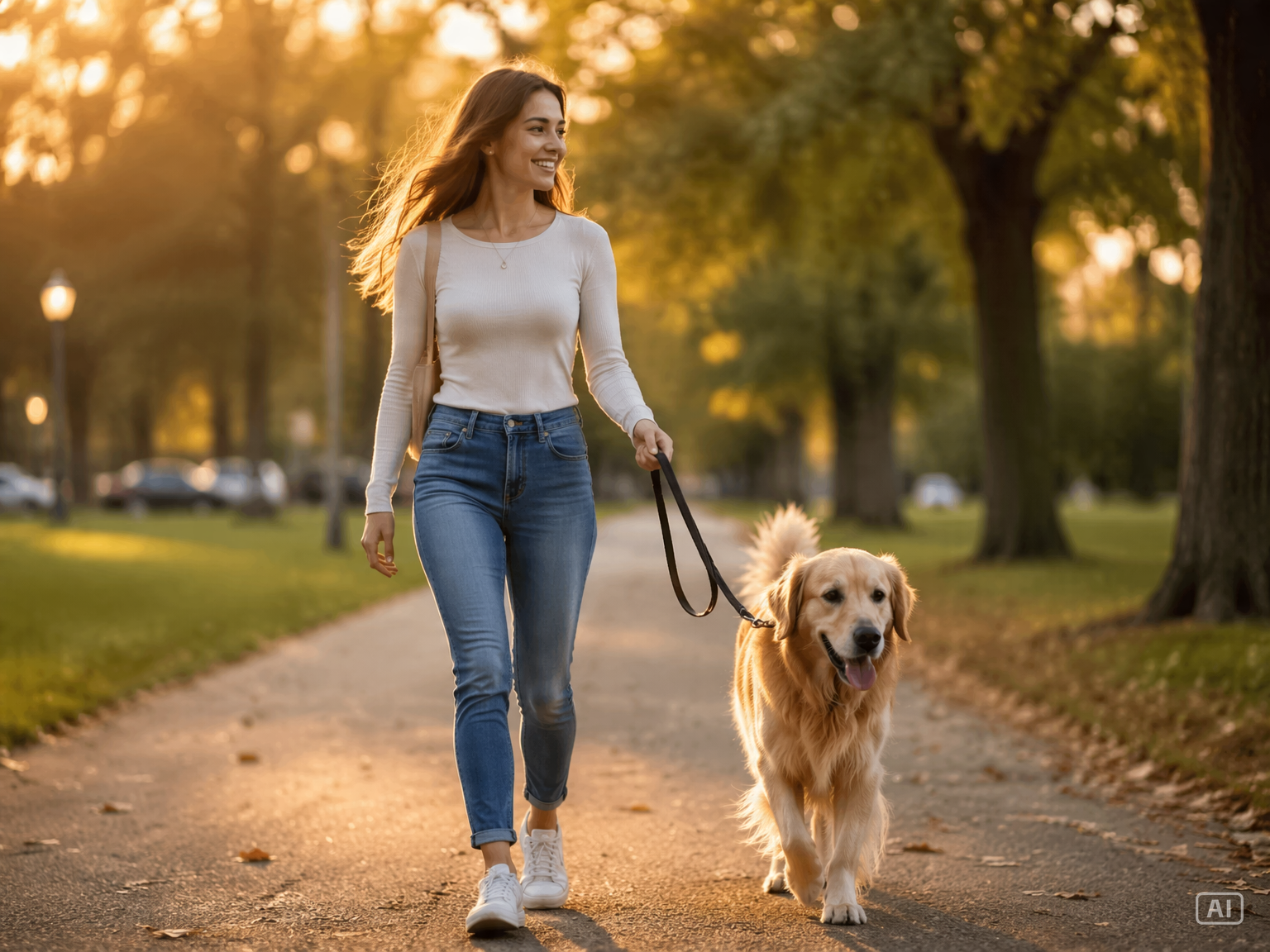 Golden hour park walk with dog generated by Pippit