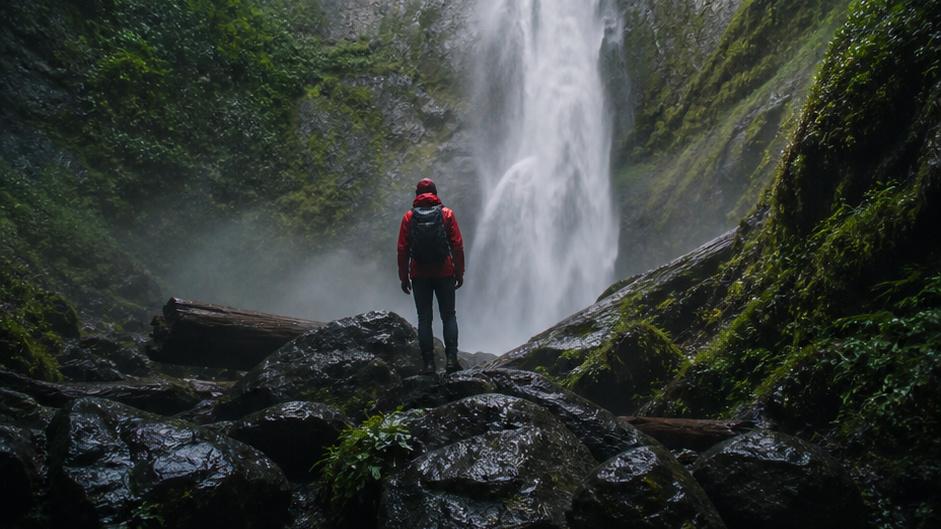 Nature Adventure Travel — traveler arriving at a misty forest waterfall