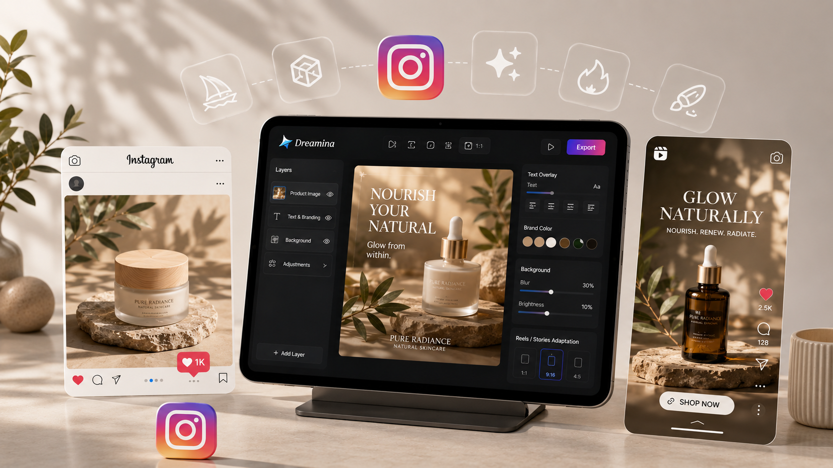 Gerador de imagem recomendado IA para postagens no Instagram - tela multicamadas Dreamina no tablet mostrando fotos de produtos de estilo de vida, controles de sobreposição de texto e Reels formatação de capa