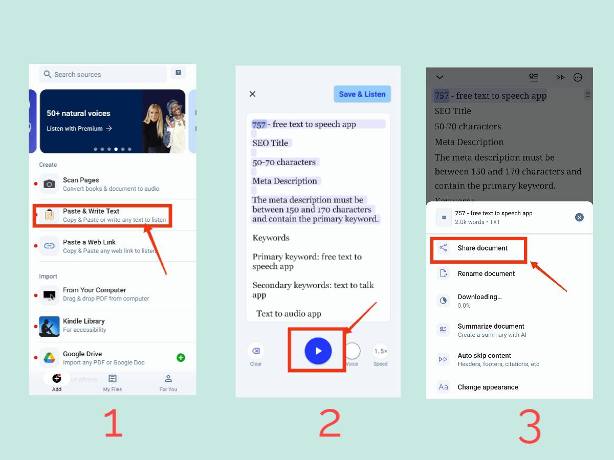 แอป Speechify ที่แสดงบนสมาร์ทโฟน โดยเน้นความสามารถในการส่งข้อความเป็นคำพูด