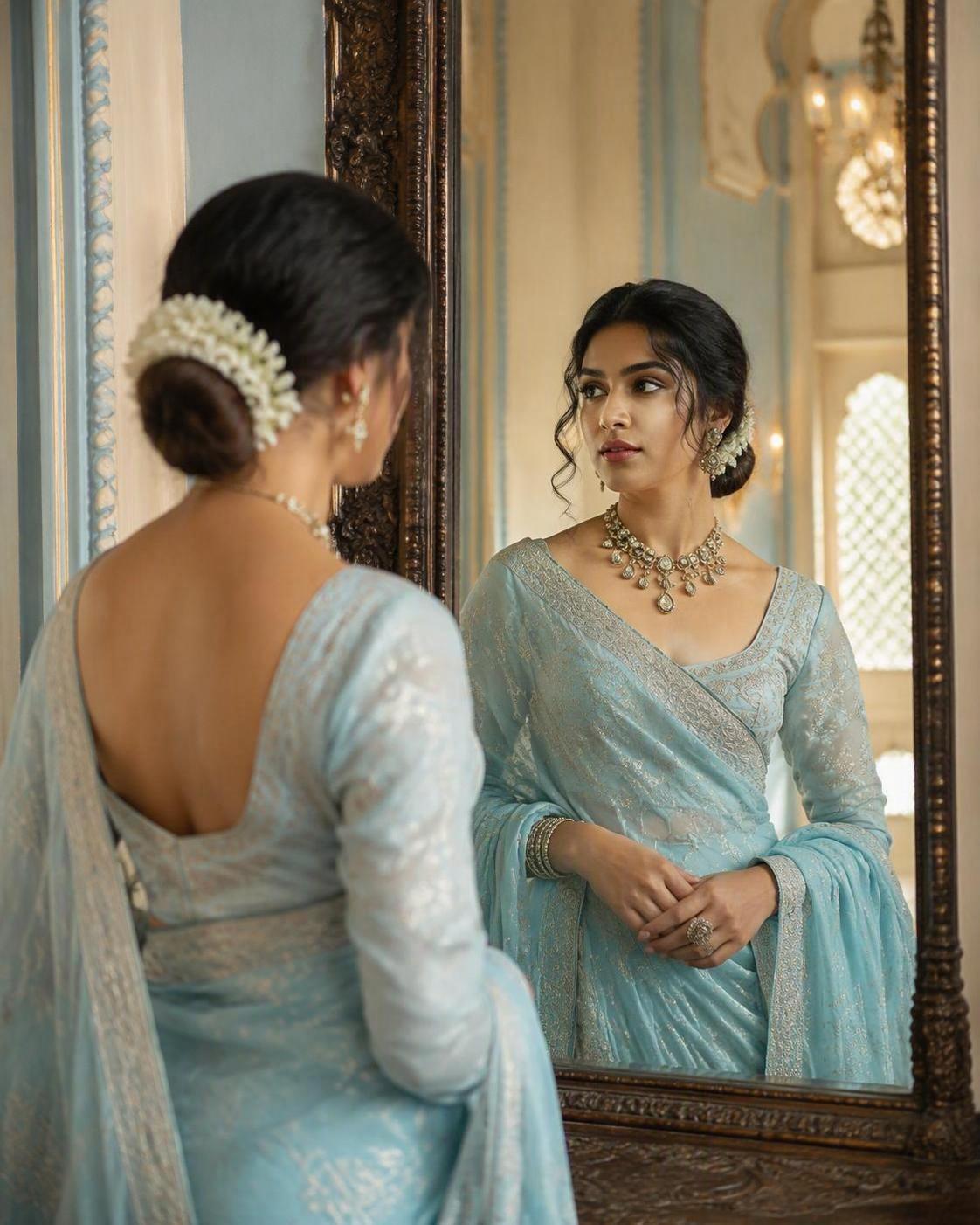AI Pastell Blau Saree Spiegel Held visuell 1