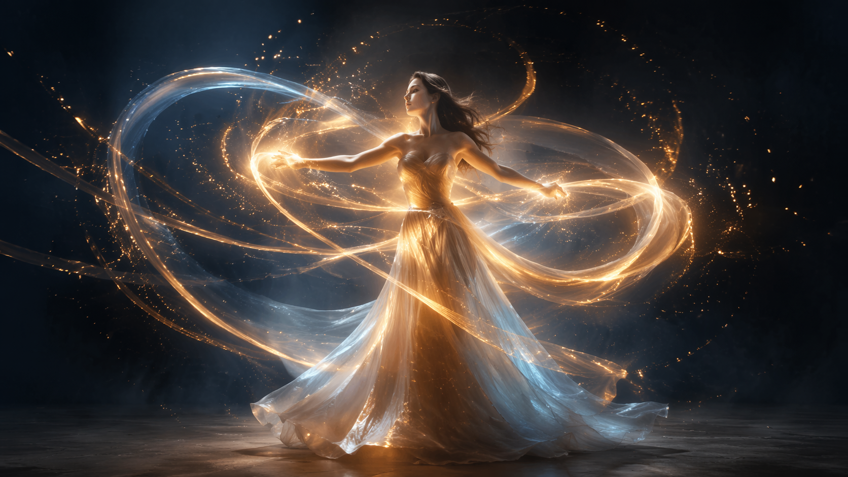 Dreamina sihirli ışık AI video istemi örnek 1: parlayan dansçı ışık izi videosu