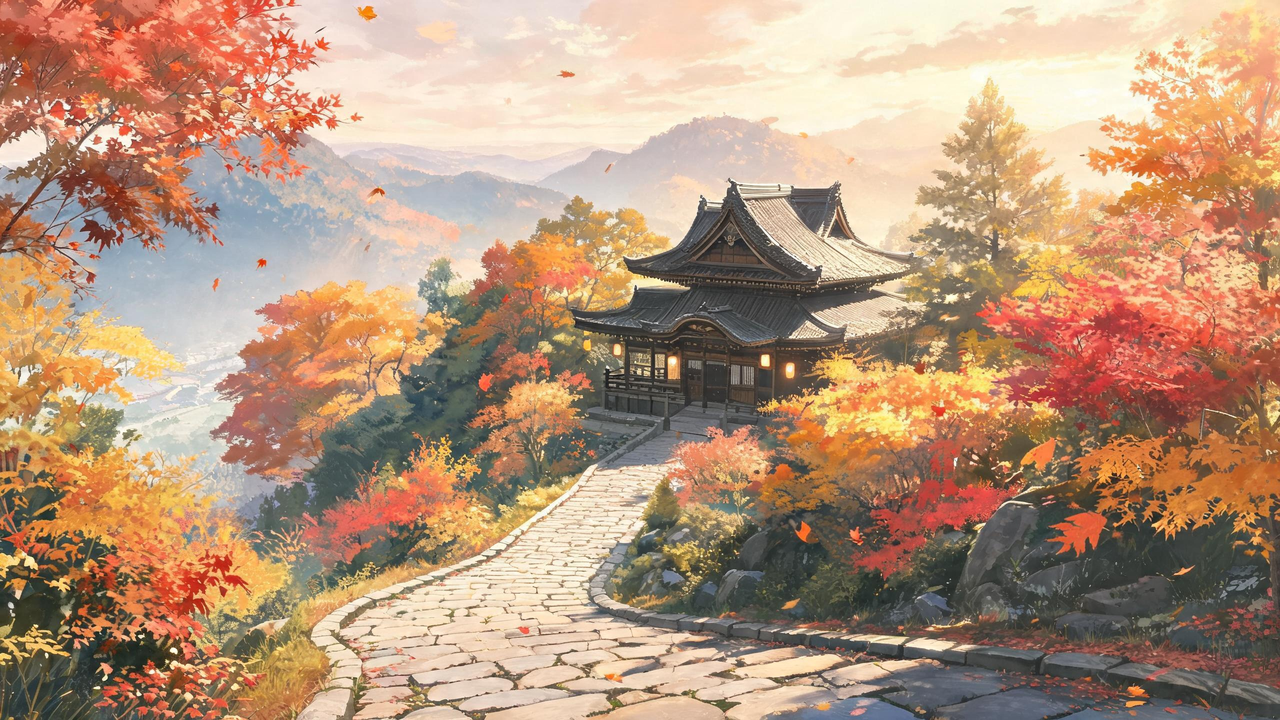 Temple de montagne paisible en automne