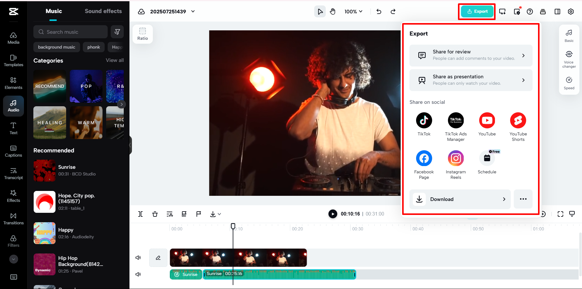 Esportare il video finale dall'editor video online di CapCut