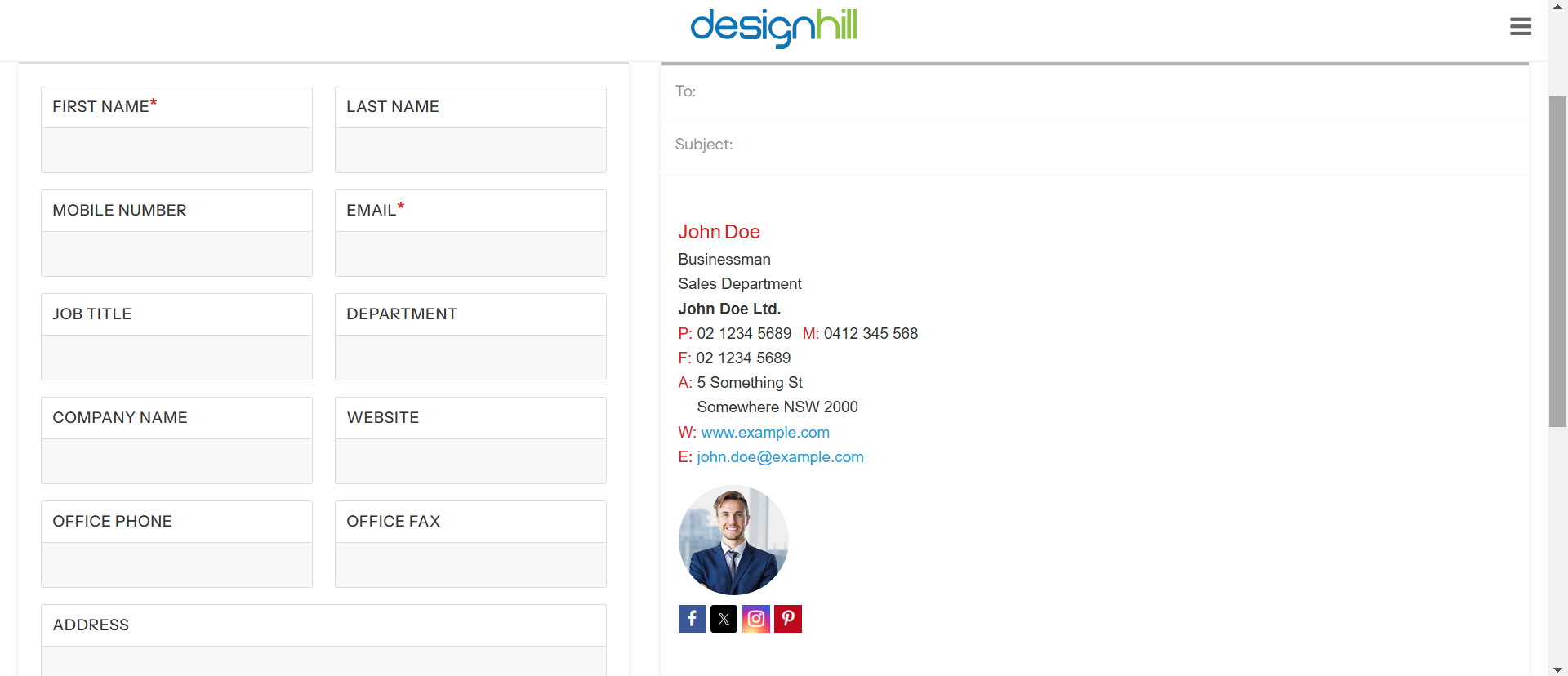 Interface ng disenyo ng lagda ng email ng kumpanya ng Designhill