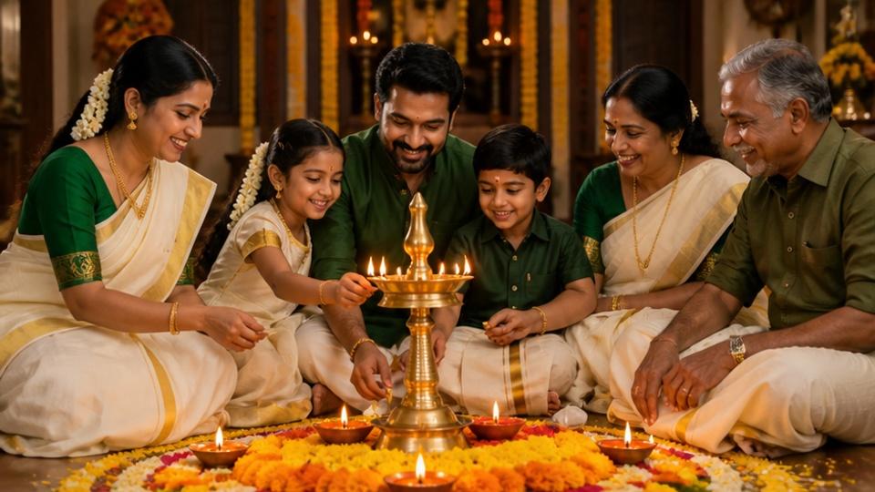 Onam Celebration CapCut Template - eine traditionelle Zusammenkunft mit festlichen Kostümen und warmem Licht