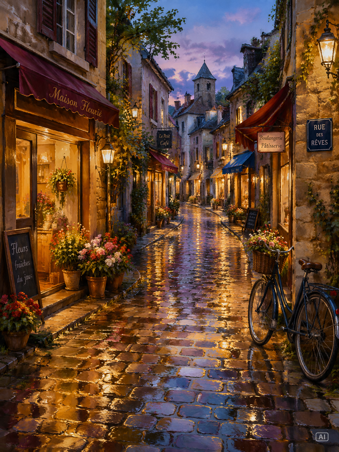 Rainy cobblestone street anime landscape prompt generated by Pippit