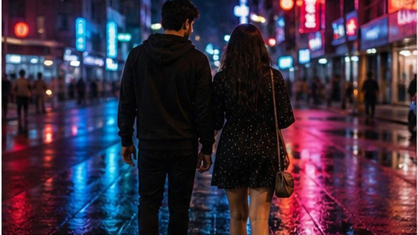 Neon Wet Street Couple