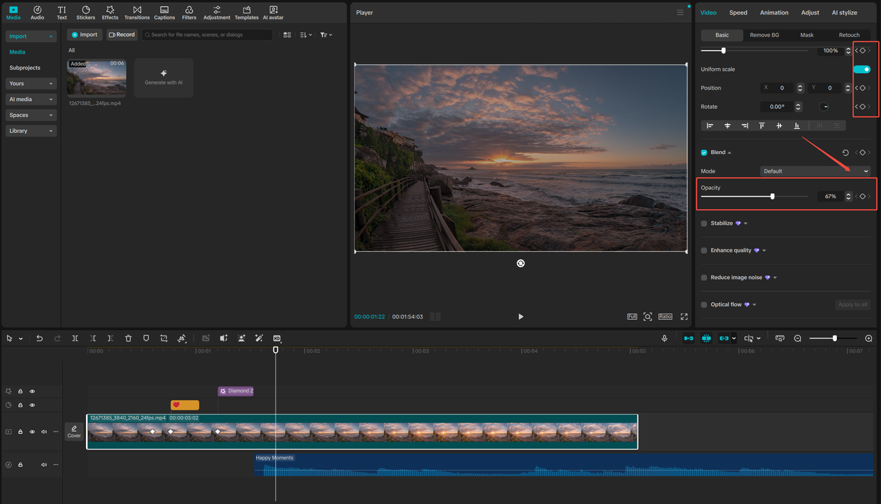 Keyframe-urile de opacitate în CapCut PC