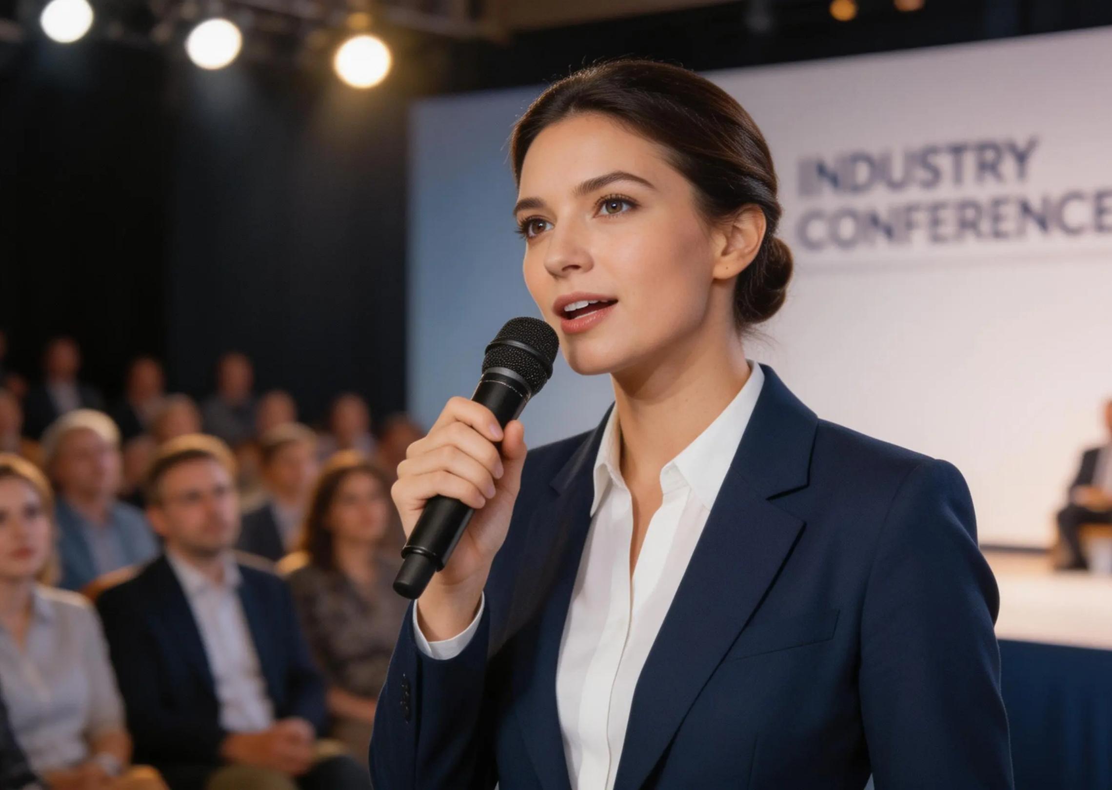 Generieren Sie einen Audioclip einer selbstbewussten Rednerin, die auf einer Konferenz spricht