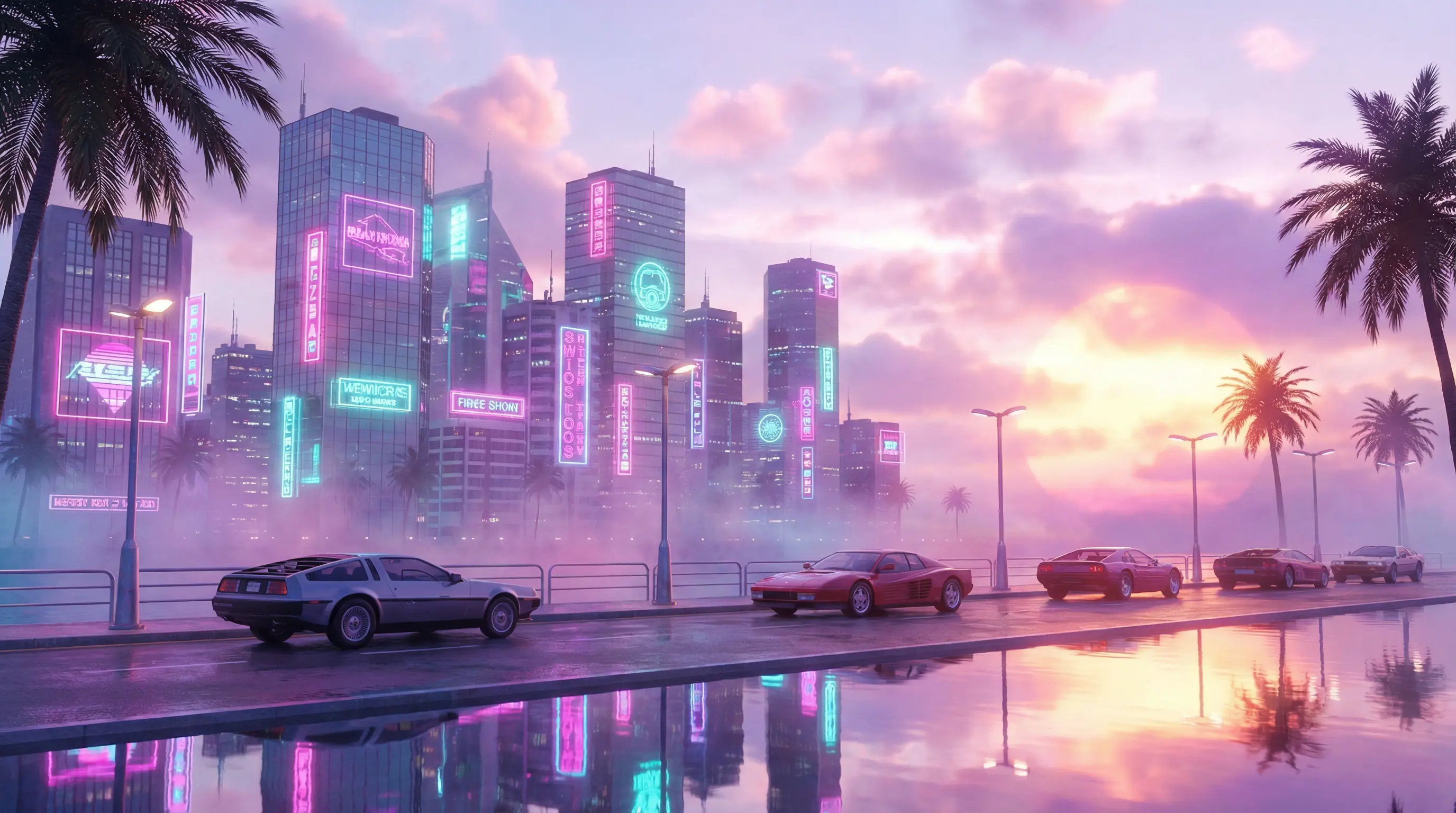 Neon city street in vaporwave style
