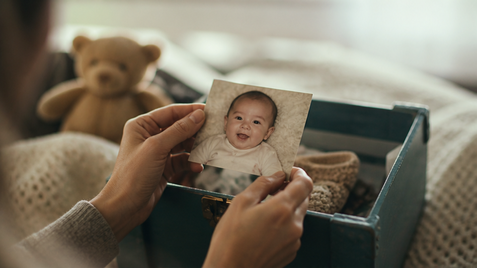Baby Then And Now prompt example 1 - Authorized Baby Photo Dissolving Into A Current Family Moment