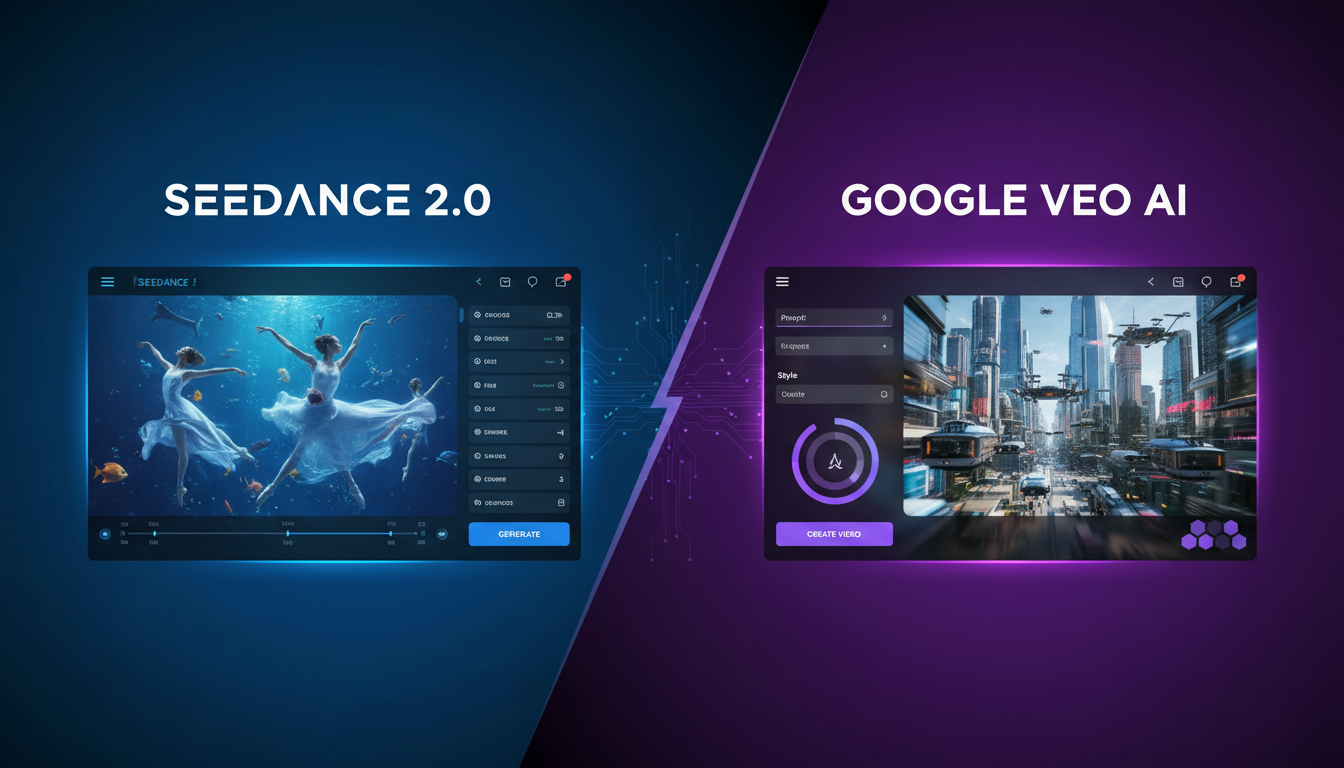 Seedance _ vs _ veo _ Split-Screen-Heldenposter: Seedance 2,0 vs Google Veo, filmische Bilder im blau-violetten Tech-Farbverlauf.