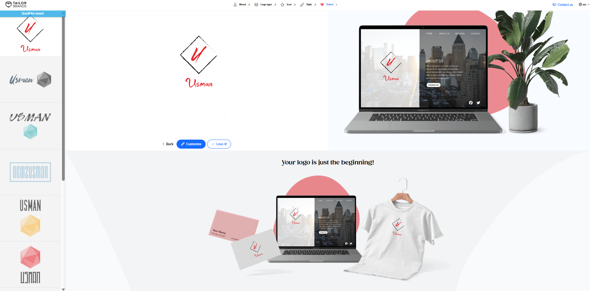 Interfaccia di Tailor Brands: un altro strumento per creare design di loghi per il branding