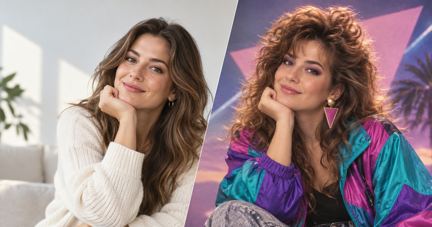 A split-era portrait showing a present-day person reimagined in a colorful 1980s studio style