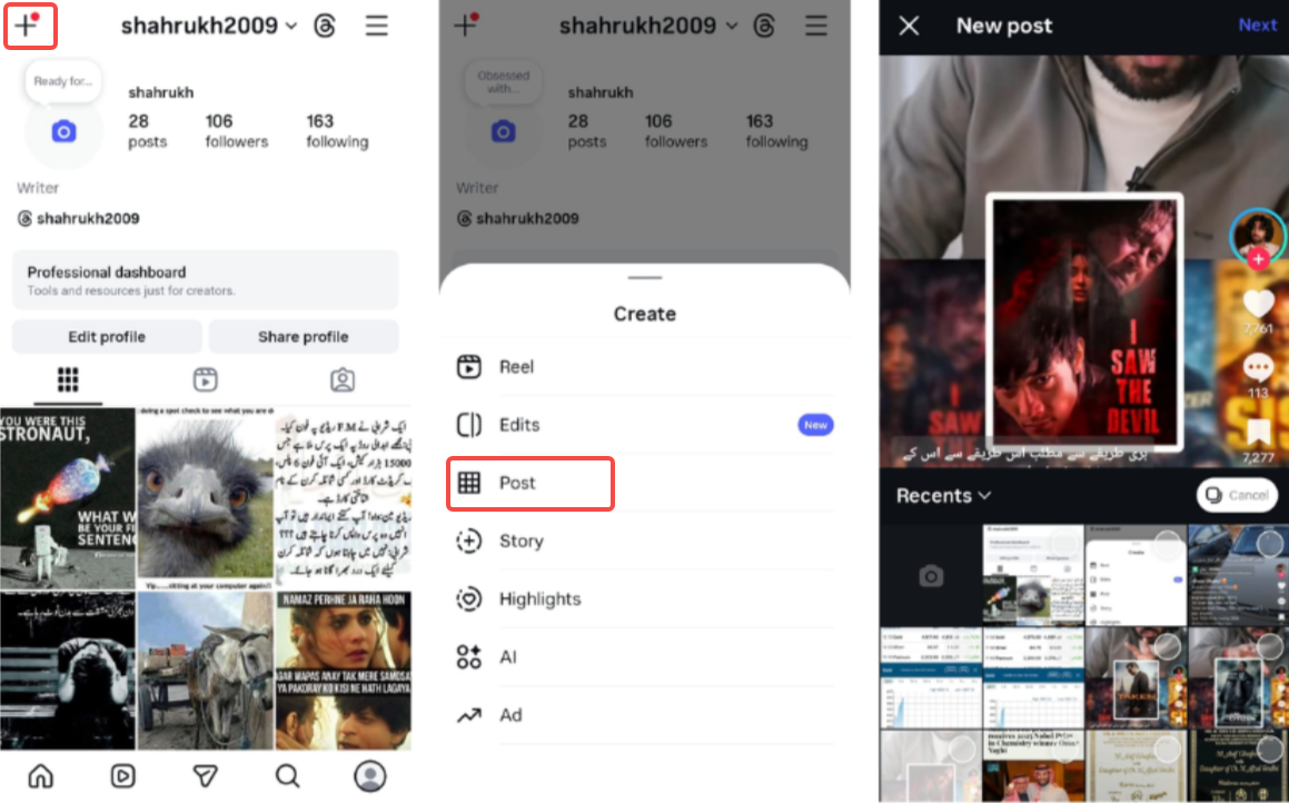 Öppna Instagram och starta ett inlägg