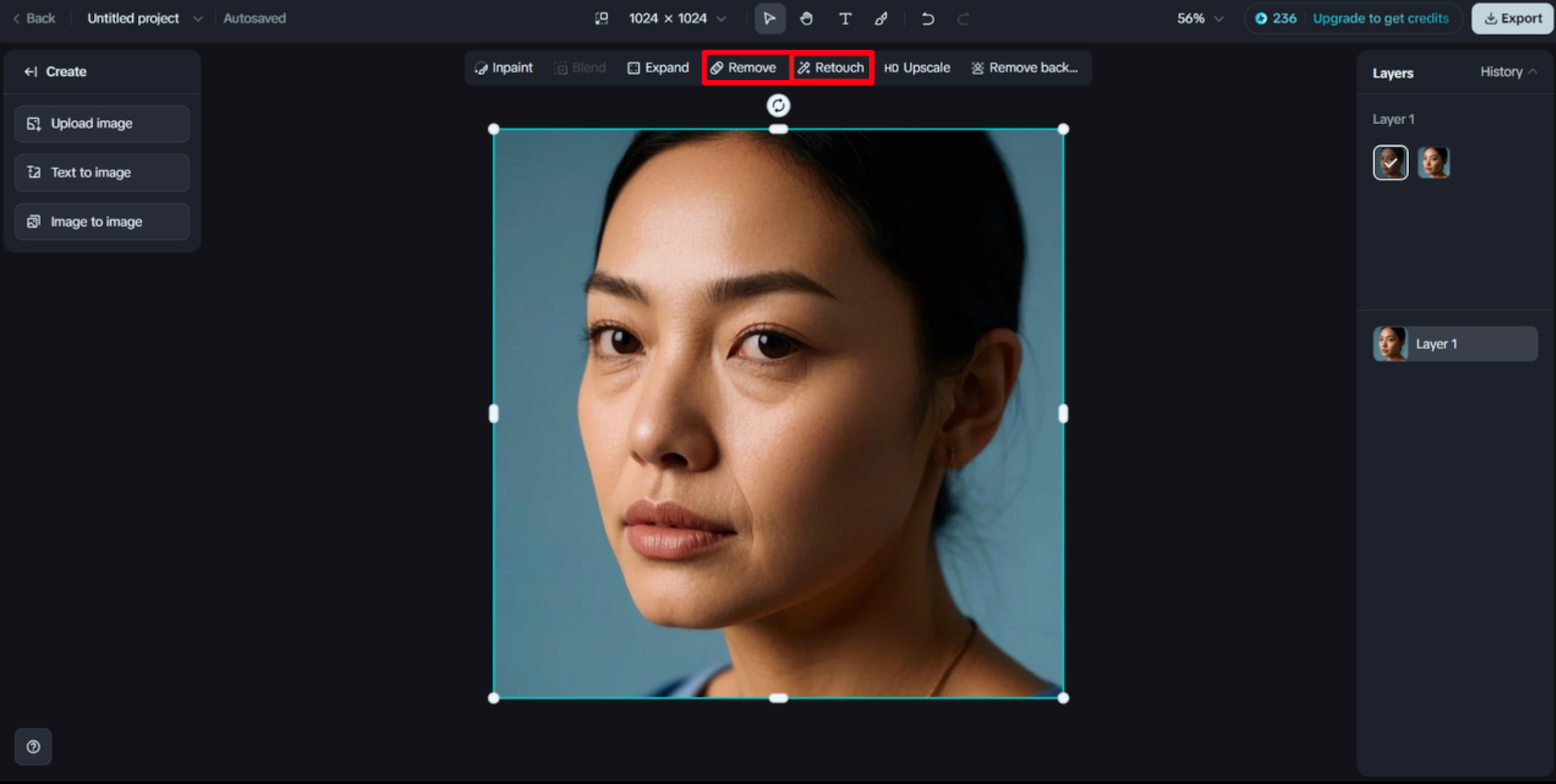 Click on Retouch and HD Upscale