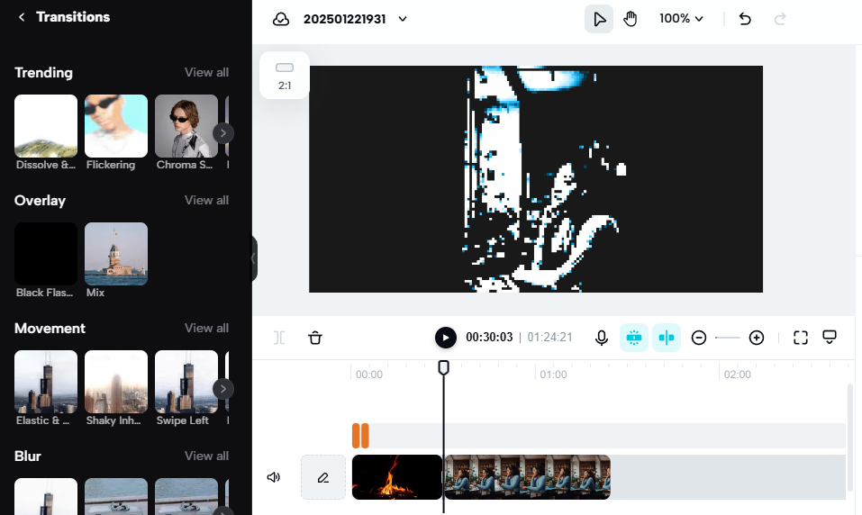 Software na úpravu videa zobrazující přechodové efekty a časovou osu pro vytváření poutavého obsahu affiliate marketingu.