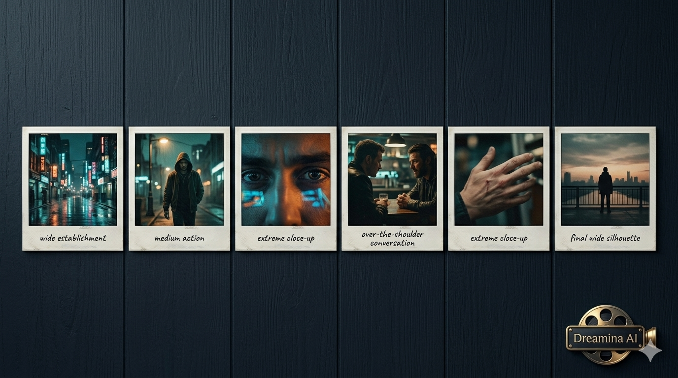 Dreamina AI generando fotografía cinematográfica con gradación de color fílmico, iluminación cinematográfica y poca profundidad de campo para imágenes fijas y guiones gráficos tipo película.