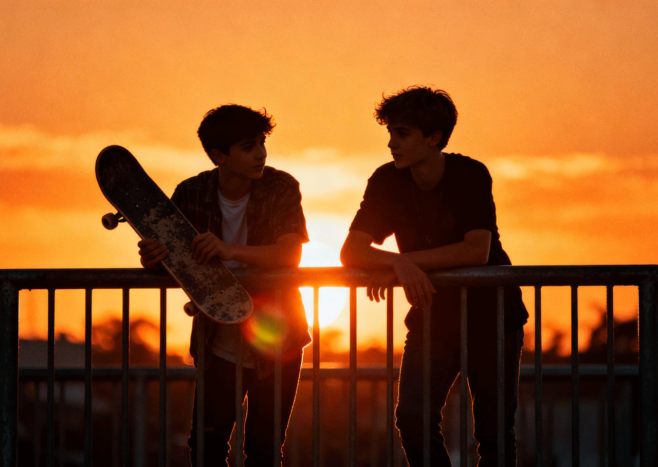 Two boys leaning on a railing at sunset