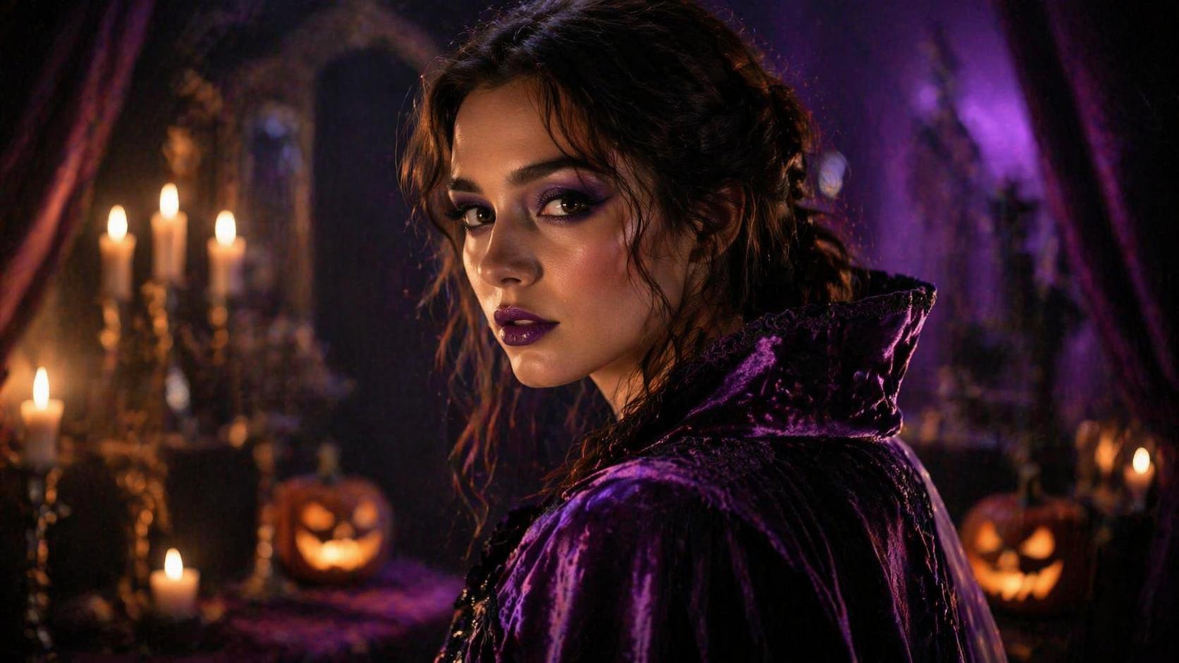 Ví dụ nhắc nhở bộ lọc trang điểm Halloween của Dreamina 3: Màu tím ma cà rồng quyến rũ