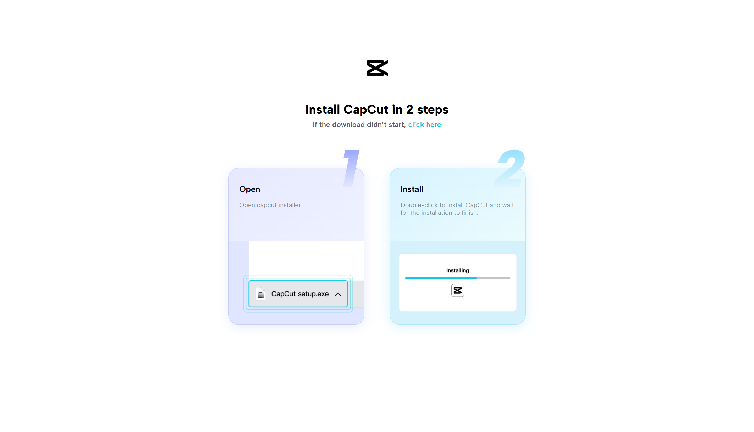 Two-step CapCut setup showing the installer file opening and installation progress on Windows