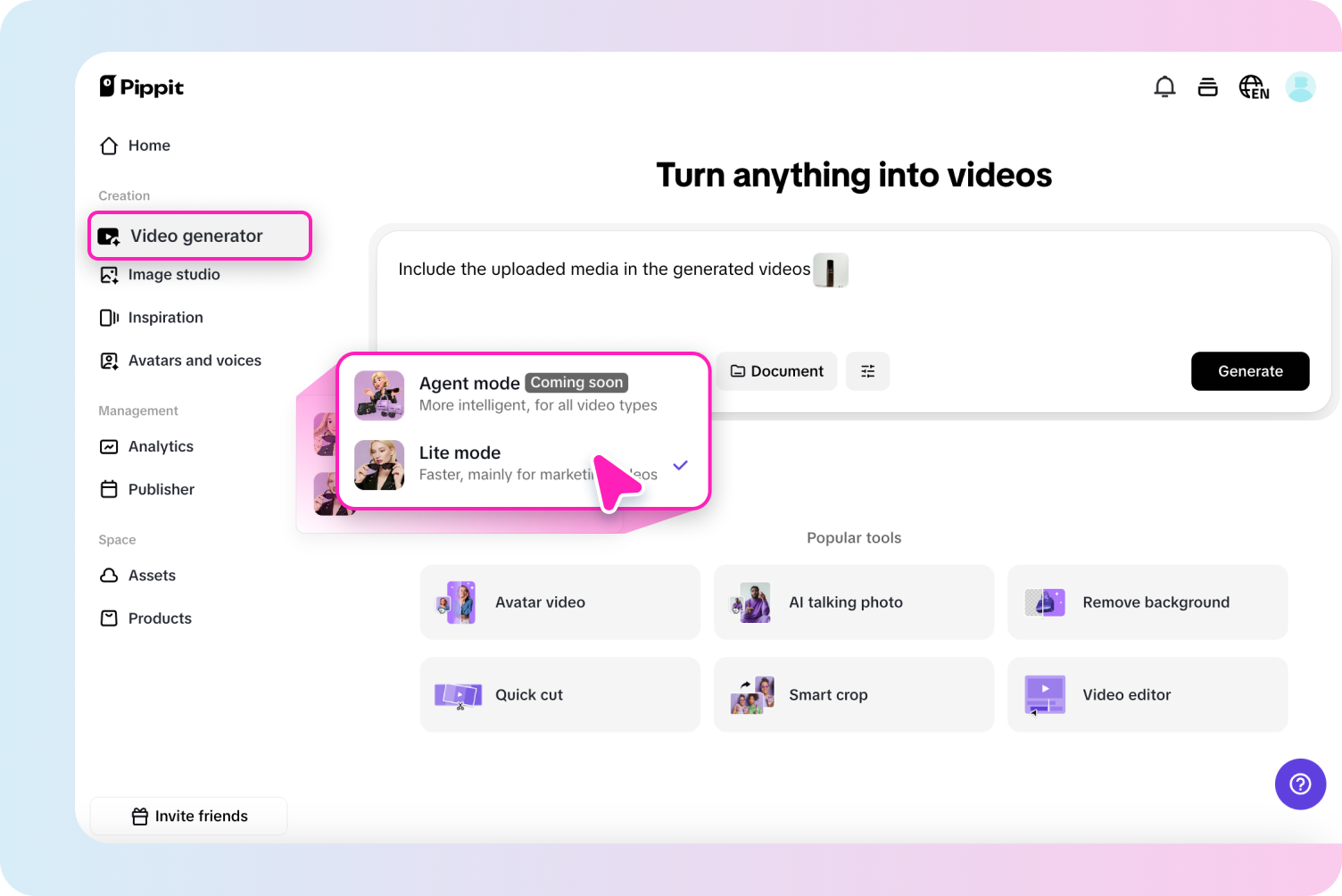 Carica il tuo contenuto nel generatore di video.