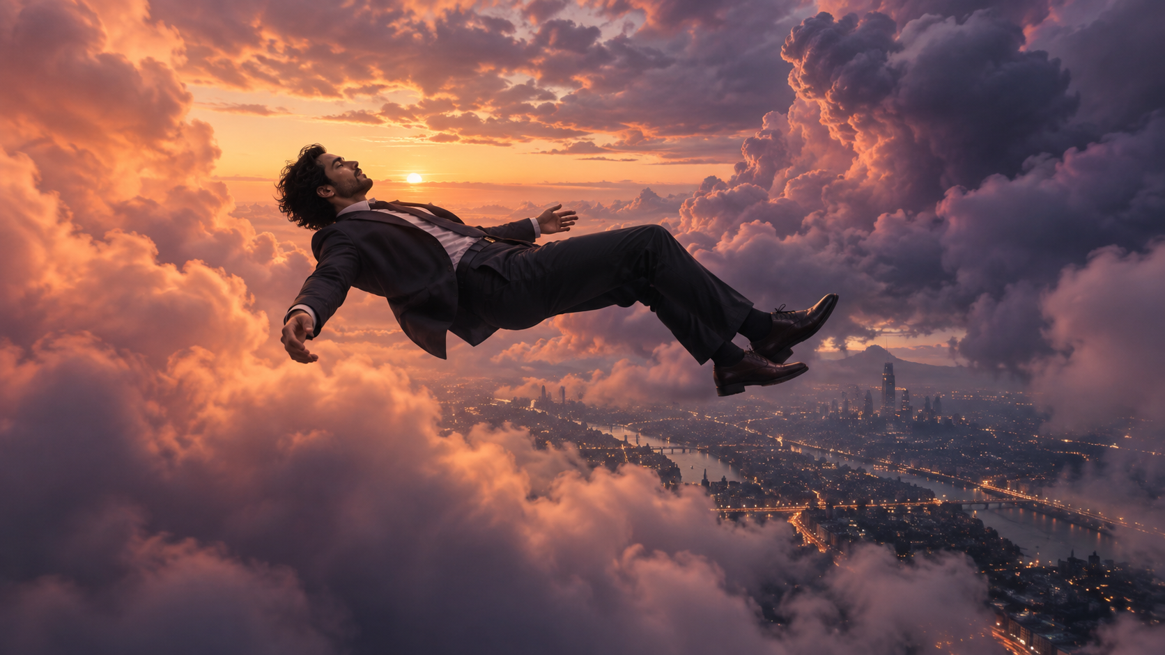 AI cloud fall: Sunset Drift Over City Lights
